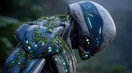 A futuristic, armored figure, weathered and overgrown with vegetation, gazes downward in a melancholic, nature-infused scene.