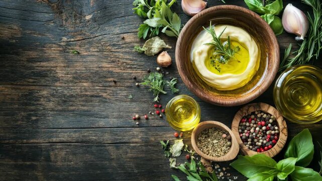 Three frames showing ingredients for hummus, including olive oil, garlic, and fresh herbs, arranged on a wooden table footage