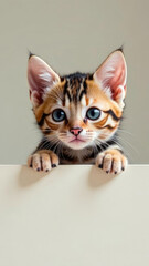 Cute gray tabby kitten photo for animal care advertising banner. Clean light background suitable for vet clinic or pet shop marketing. copy space, free space for text