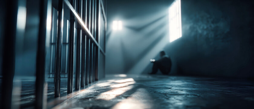 A man sits against the wall of a small prison cell. Iron bars frame the scene as light streams through a window, creating shadows on the floor
