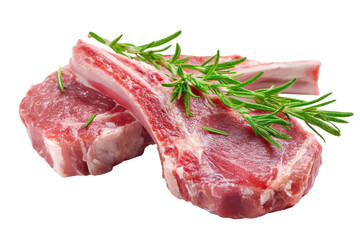 Raw lamb chops with rosemary isolated on transparent background. Raw lamb chops garnished with fresh rosemary sprigs isolated on white background.