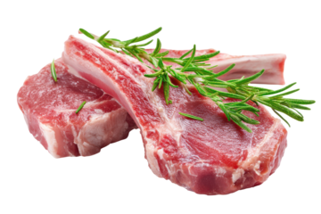 Raw lamb chops with rosemary isolated on transparent background. Raw lamb chops garnished with fresh rosemary sprigs isolated on white background.