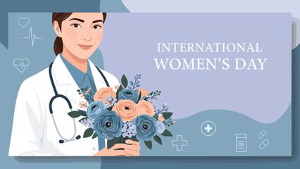 Dedicated Female Doctor Honoring International Women&rsquo;s Day with Floral Bouquet, Healthcare Leadership and Compassion Concept in Soft Modern Medical Illustration Style