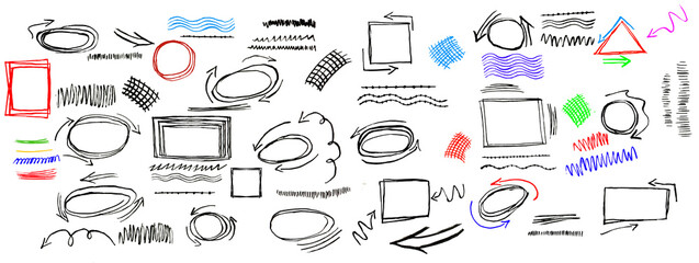 Hand drawn scribble style with black pen creating round circle underline strokes, rectangle frame doodle arrow elements shaping vector set kit bundle for highlight text in dynamic oval line theme.