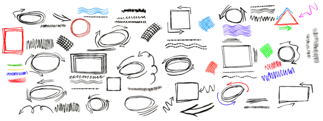 Hand drawn scribble style with black pen creating round circle underline strokes, rectangle frame doodle arrow elements shaping vector set kit bundle for highlight text in dynamic oval line theme.