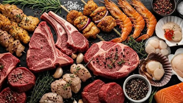 Delicious surf and turf spread with fresh seafood and juicy cuts focused on culinary perfection