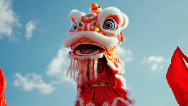 Traditional chinese lion dance against blue sky with clouds, performing during celebration for good fortune, full footage.