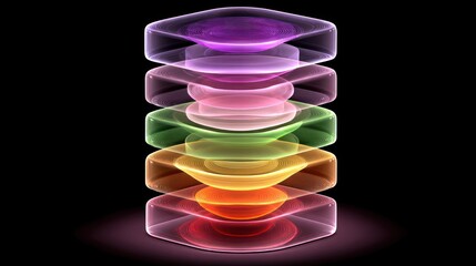 A vibrant, layered composition of translucent shapes in a spectrum of glowing colors against a dark background.