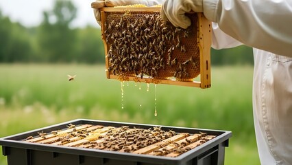 A beekeeper in protective gear holds a honeycomb frame, bees present