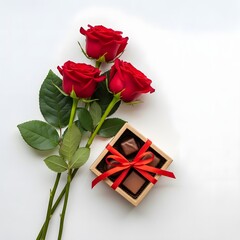 Red roses and chocolate gift box on white background