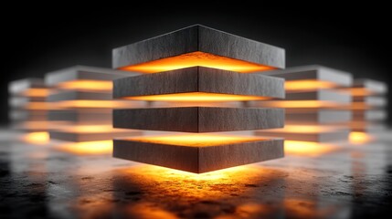 Stacked, illuminated stone blocks create an intriguing, geometric arrangement against a dark background.