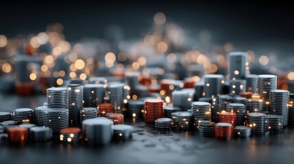 Abstract cityscape composed of stacked, metallic cylinders in gray and red, illuminated by glowing lights, creating a futuristic and dynamic visual effect.