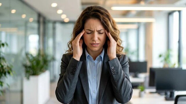 Caucasian Woman experiencing headache at office. Professional feeling stress, burnout. Business executive suffering from migraine, pain, problem.