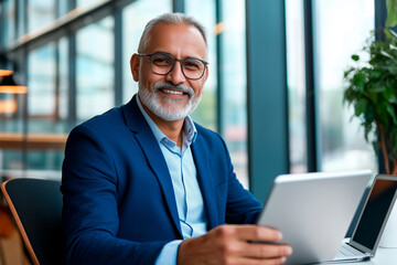 Fototapeta premium Middle-aged Indian businessman, seated using a tablet in an office.
