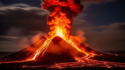 A nighttime volcano erupts, spewing lava and ash clouds under a dramatic, cloudy sky