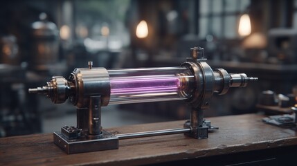 A metallic, tubular device with a vibrant purple glow sits atop a rustic wooden workbench, showcasing intricate mechanical details in a dimly lit workshop.