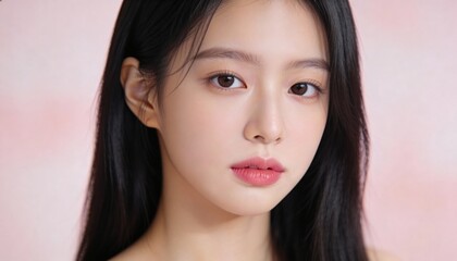 Naklejka premium Beautiful Young Asian Woman Portrait on Soft Pink Background