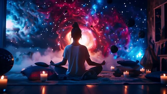 Fitness. Exercise. New Year resolution. Healthy lifestyle theme. woman meditating under a cosmic backdrop with a radiant, colorful nebulalike pattern and floating orbs of light.