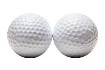 White golf balls isolated on transparent background. Two dimpled white golf balls side by side isolated on white background.