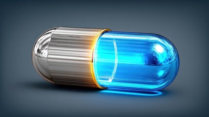 A futuristic, glowing blue pill capsule, with a metallic, silver exterior, sits on a dark gray background.