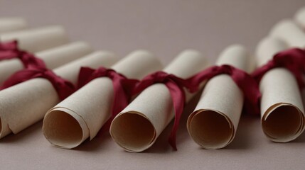 Group of rolled up brown paper scrolls tied together with a red ribbon. the scrolls are arranged in a neat row and are placed on a beige background.
