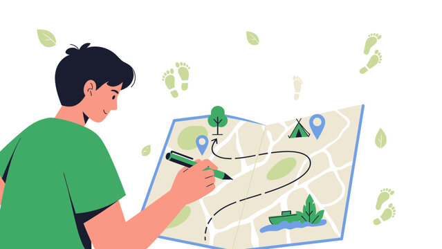Man Planning Adventure Route On Map For Outdoor Trip Nature Tourism