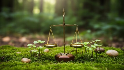 A scale rests on a bed of moss, with sprouts emerging. Greenery in the background