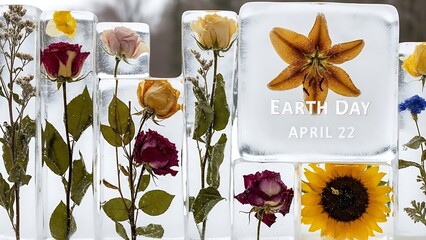 A selection of flowers, preserved in transparent ice blocks, forming an artful display