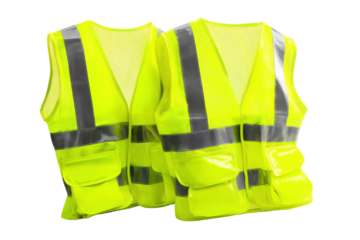 Two bright yellow safety vests with reflective stripes isolated on transparent background. High visibility safety vests for outdoor work safety isolated on white background.