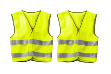Two yellow safety vests with reflective stripes isolated on transparent background. Two neon yellow safety vests with reflective stripes isolated on white background.