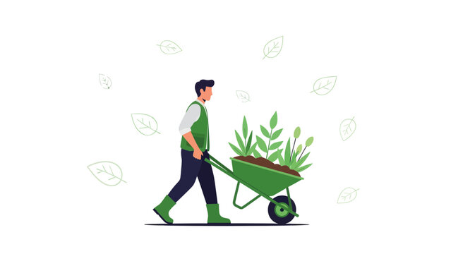 Man Pushing Wheelbarrow Full Of Plants Gardening With Foliage Background