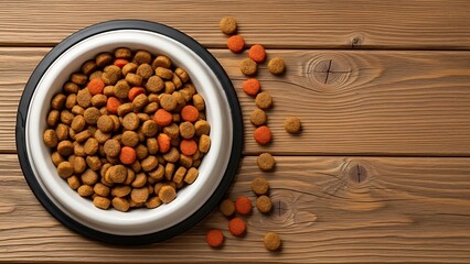 Dog Food in Bowl on Wooden Table.