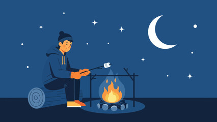 Naklejka premium Man Roasting Marshmallow On Campfire Enjoying Outdoors Nighttime Under Starry Sky