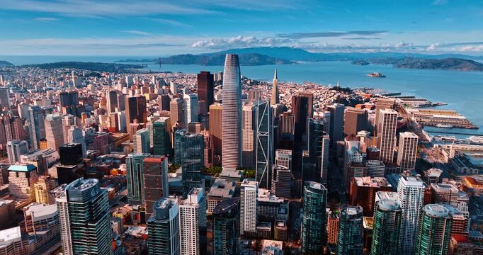Heading to the Salesforce Tower, the highest tower of the city. Flight over the high-rise financial district of San Francisco, California, USA.