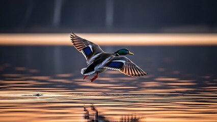 Duck Flying Over Water at Sunset.