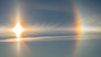 Sun Dog Atmospheric Phenomenon with Bright Solar Halo and Wispy Clouds in Blue Sky