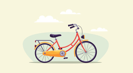 Naklejka premium Classic red and orange city bicycle with a luggage rack and bell parked in a simple landscape under soft clouds on white.