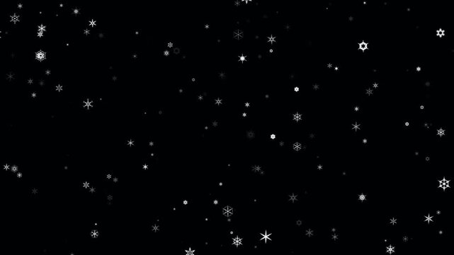 Glowing white snowflakes sparkling on black background. Snowflake graphic backgrounds with detailed twinkling snow flakes. Soft snowflakes for Christmas background, winter scene, or festive overlay.