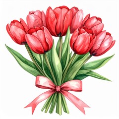 Fototapeta premium Red Tulips Bouquet with Green Leaves and Pink Bow on White Background