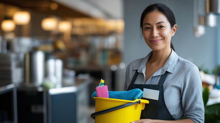 Faceless female janitor with cleaning supplies in kitchen professional maintenance commercial service household sanitation janitorial equipment defocused background with