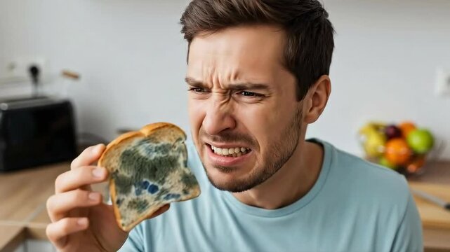 Man discovers moldy toast in kitchen and reacts with disgust and surprise