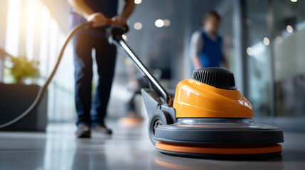 Fototapeta premium Faceless professional janitorial staff using industrial floor buffer machine cleaning polishing hallway modern corporate commercial building maintenance service