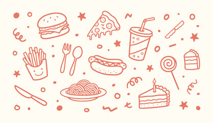 Cute hand drawn doodle food icon set with burger pizza fries hot dog cake and drink in playful minimal style © Arshad