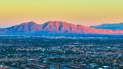 Aerial Las Vegas Nevada Urban Landscape and Mountains at Golden Hour