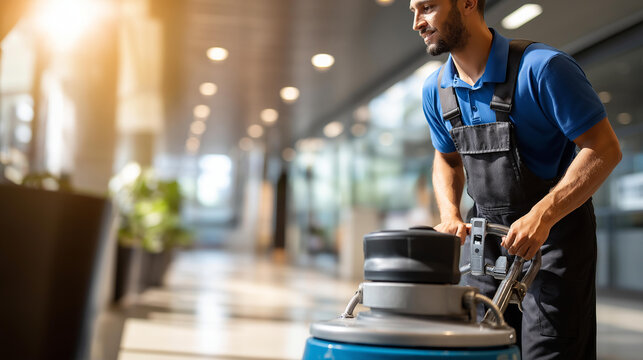 Faceless professional janitorial staff using industrial floor buffer machine cleaning polishing hallway modern corporate commercial building maintenance service