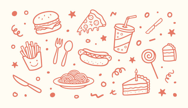 Cute hand drawn doodle food icon set with burger pizza fries hot dog cake and drink in playful minimal style