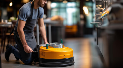 Fototapeta premium Cleaning floor with machine equipment automated floor care professional maintenance commercial janitorial sanitation technology defocused background with copy space