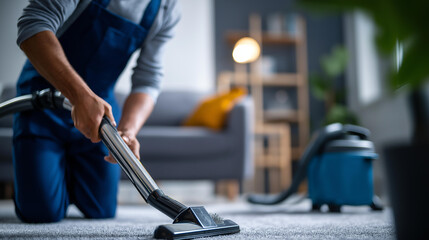 Fototapeta premium Faceless dry cleaner's employee removing dirt from carpet in flat professional cleaning textile maintenance residential service stain removal defocused background with copy