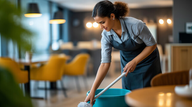 Housekeeping cleaning faceless woman maid with mop clean living room floor at house female domestic worker cleaner washing ground bacteria dust dirt home maintenance