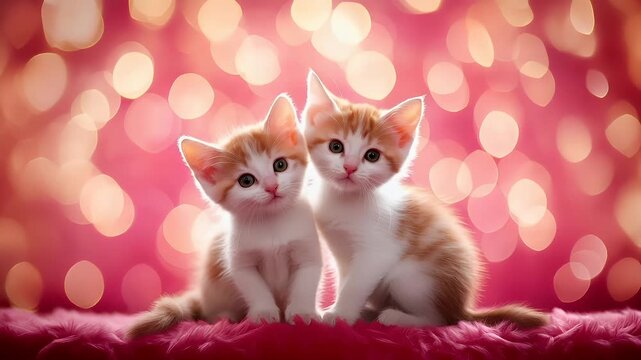 Love. Valentines day. Mothers day theme. A closeup of two kittens on a pink background with bokeh effects. The kittens are facing each other, with their heads tilted slightly upwards.